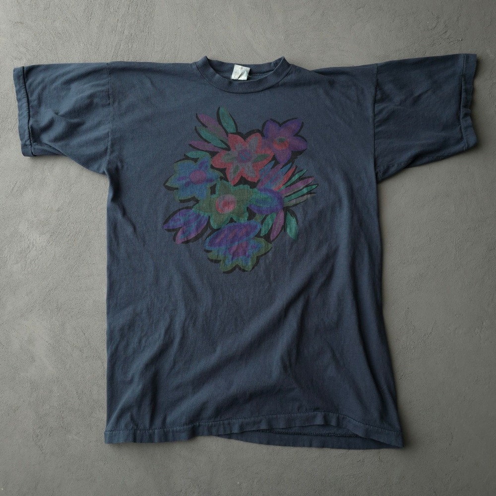 Vintage 90s T-shirt Large Navy Blue Floral Graphic Art USA